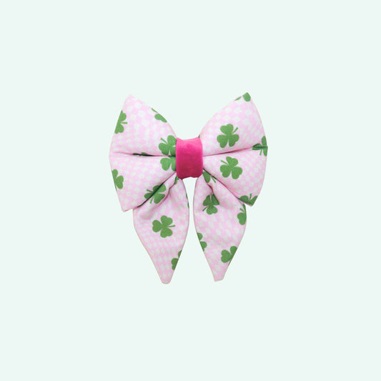 Pink Clover Charm sailor dog bow with tails featuring lucky clover print, coquette style St Patrick’s Day dog accessory