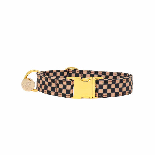 Cold Brew" Handmade Brown and Black Boho Checker Dog Collar - Stylish and Durable Accessory for Your Pup