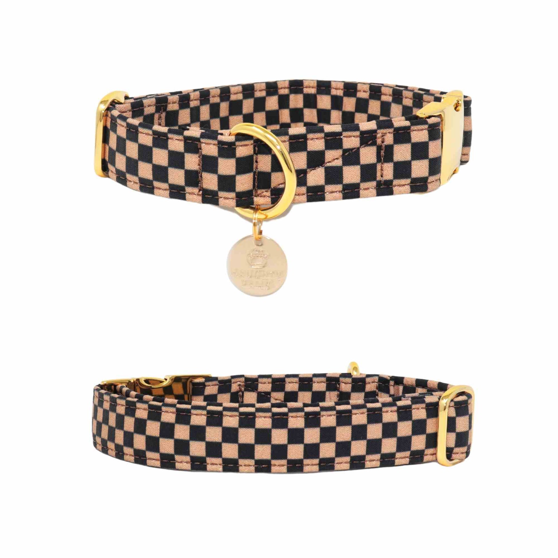 Cold Brew" Handmade Brown and Black Boho Checker Dog Collar - Stylish and Durable Accessory for Your Pup