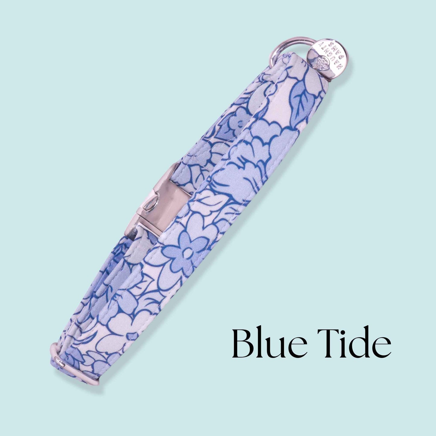 Handmade blue flower dog collar with cottagecore floral design and premium hardware