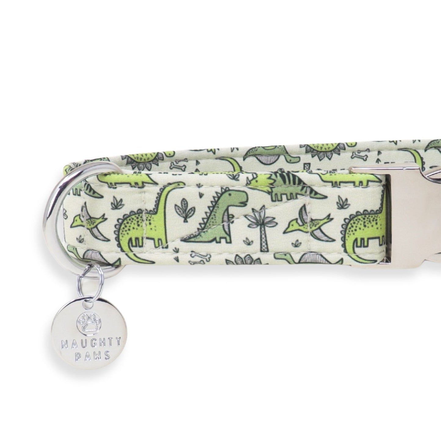 Handmade Mesozoic dinosaur print dog collar in green
