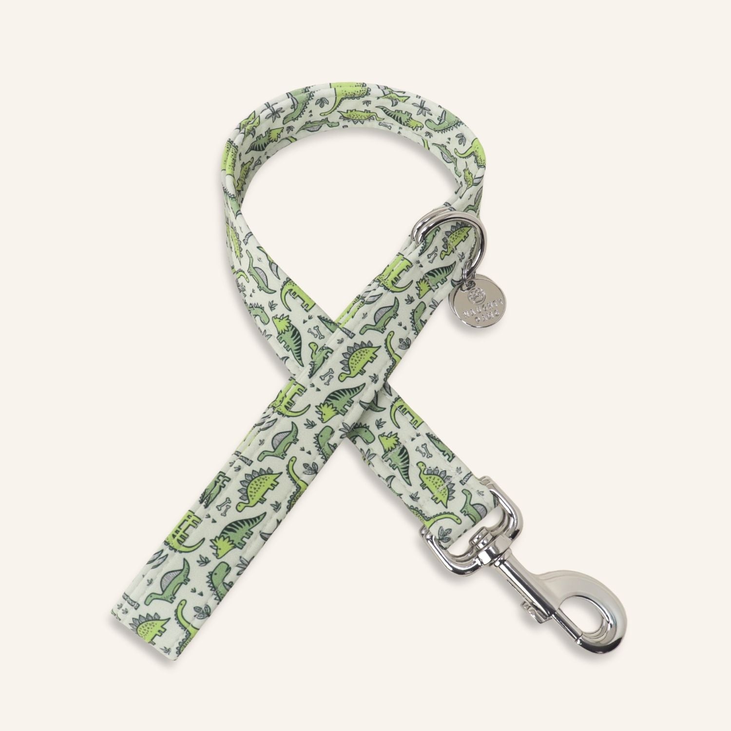 Green dinosaur dog leash with colorful Mesozoic print and silver hardware