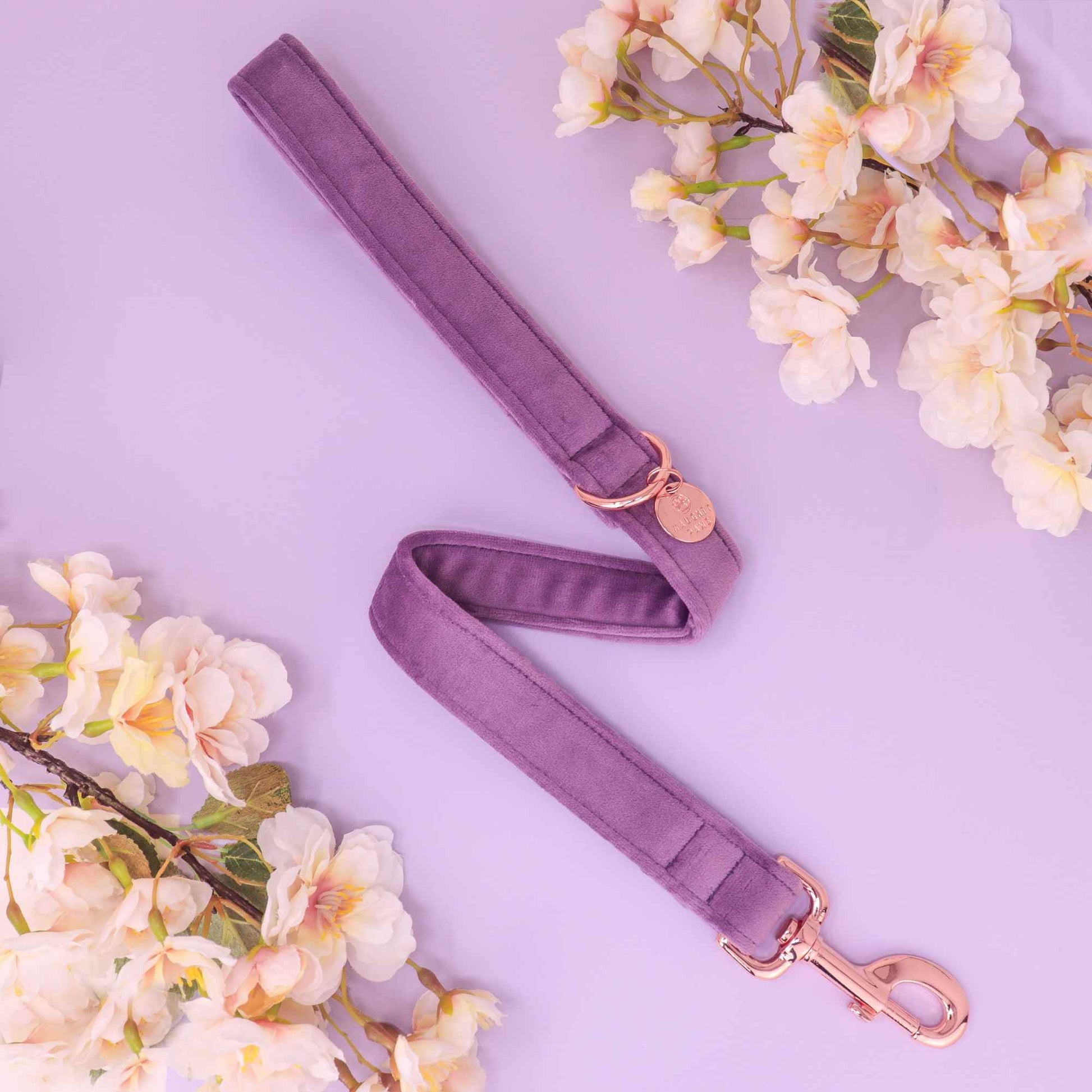 Lavender velvet dog leash with rose gold hardware from the Florence dog accessory collection