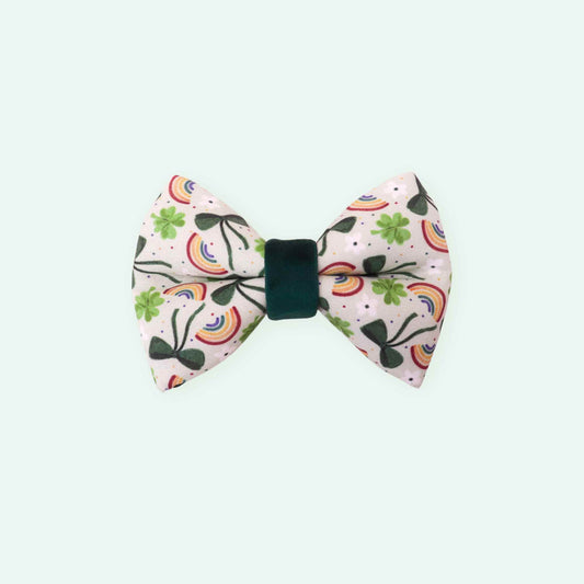 Fortune Clover dog bowtie featuring lucky clovers and rainbow print, green St Patrick’s Day pet bow