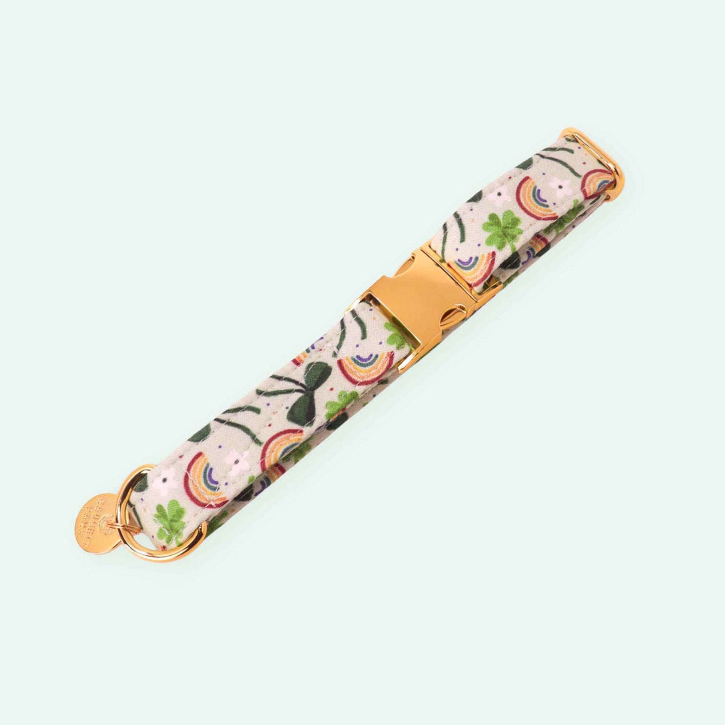 Fortune Clover dog collar featuring lucky clovers and rainbow print, green St Patrick’s Day dog collar