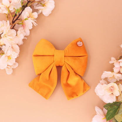 Handmade gold yellow velvet sailor bow for dogs with dual elastic attachment, premium German velvet, soft and durable pet collar accessory.