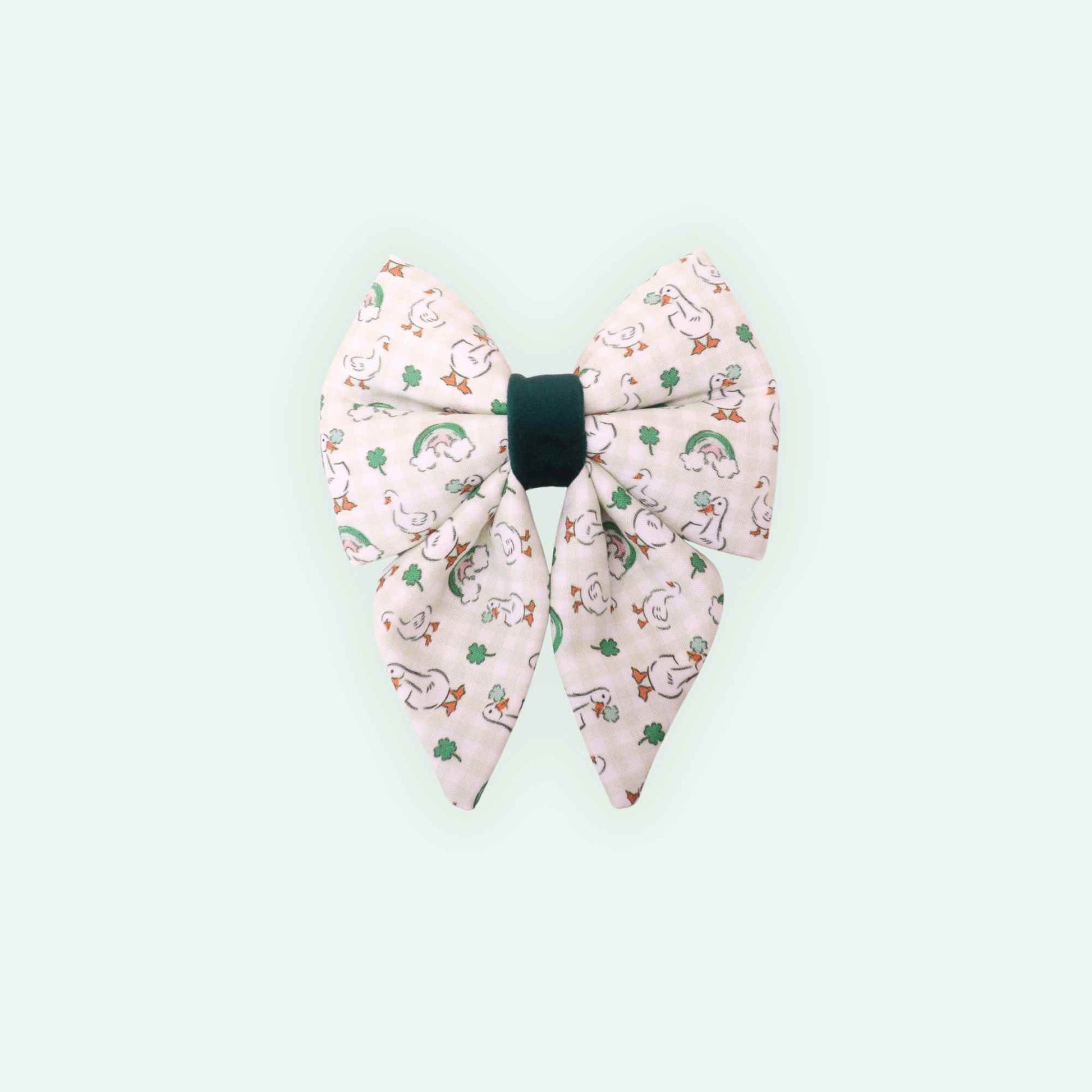 Lucky Goose sailor dog bow with tails featuring goose and clover print, St Patrick’s Day dog accessory
