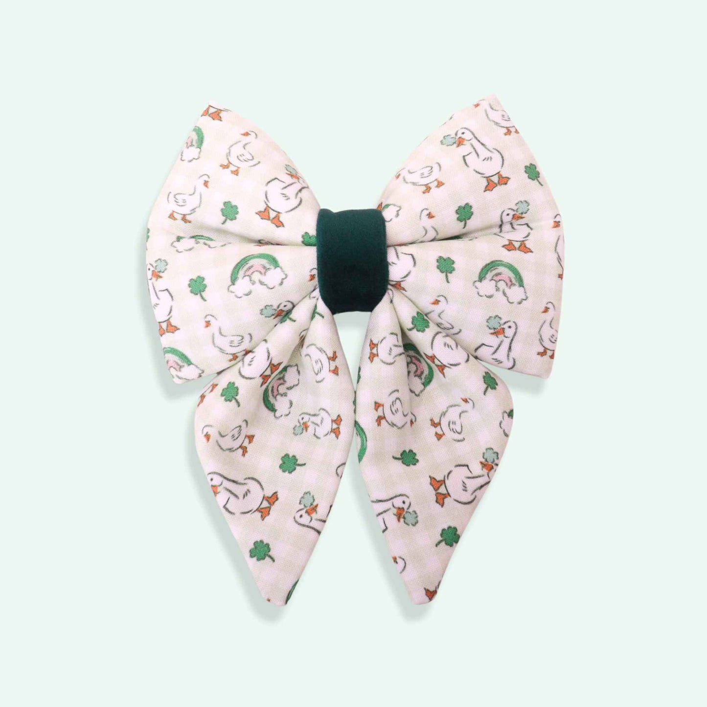 
Lucky Goose sailor dog bow with tails featuring goose and clover print, St Patrick’s Day dog accessory
