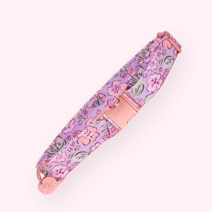 lavender floral dog collar with lilac flowers and gold hardware