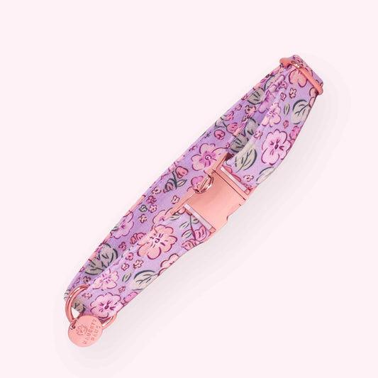 lavender floral dog collar with lilac flowers and gold hardware