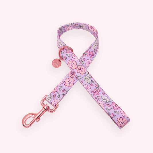 lavender floral dog leash with lilac flowers and gold hardware