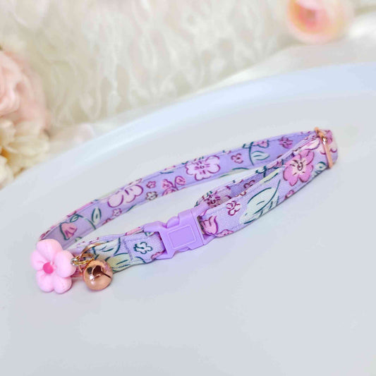 Lavender floral breakaway cat collar with pink flower charm and bell, adjustable kitten collar, soft handmade safety collar for cats