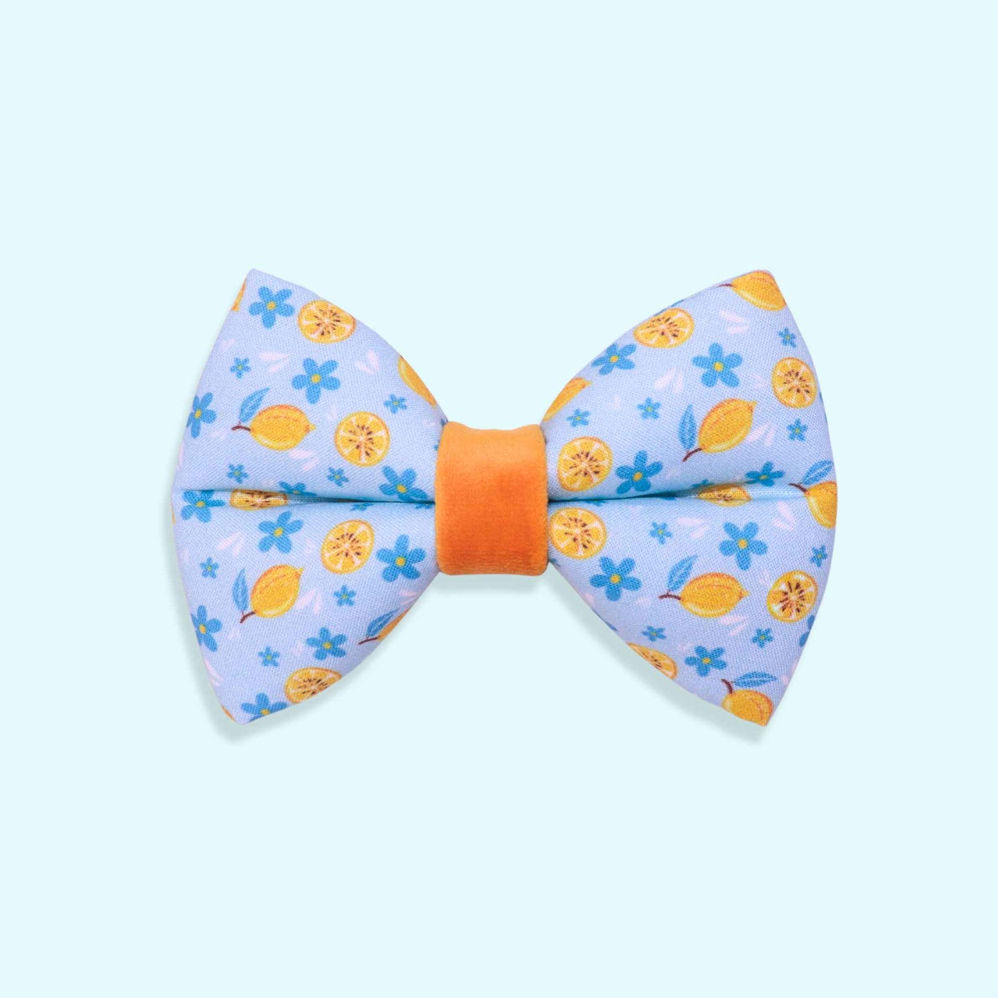 Lemon dog bow tie with citrus pattern, blue flowers, and Mediterranean-inspired summer design from the Amalfi Breeze collection