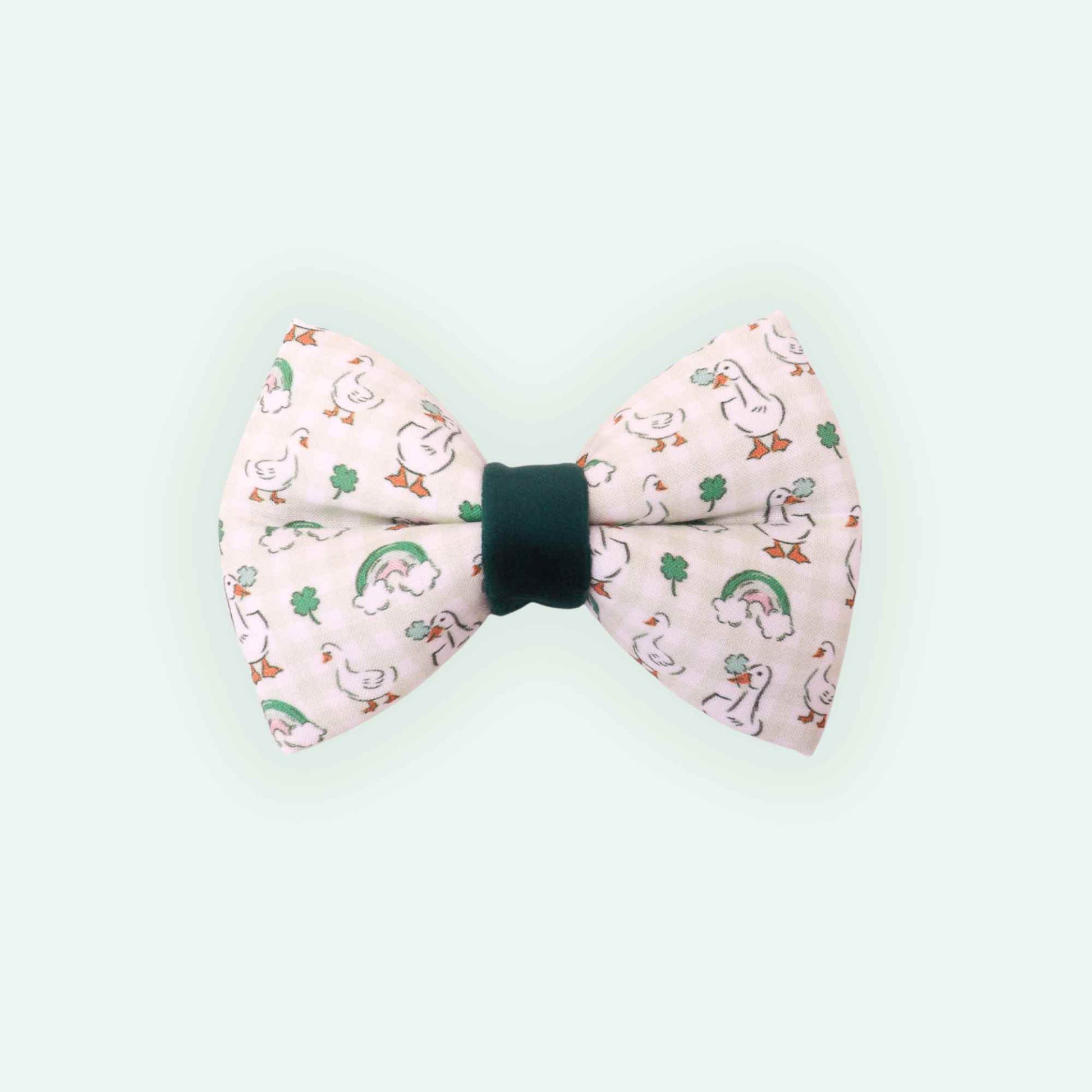 Lucky Goose dog bowtie with goose and clover print, green St Patrick’s Day pet bow