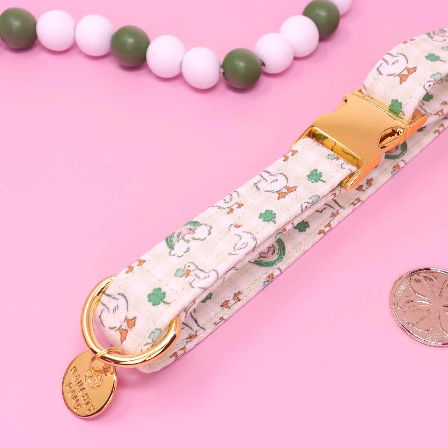 Lucky Goose dog collar with goose and clover print, green St Patrick’s Day dog collar