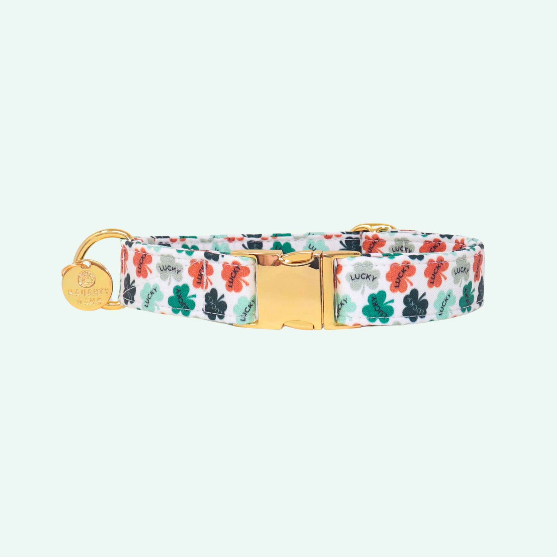 Lucky dog collar featuring green clover print with lucky text, St Patrick’s Day and spring dog accessory
