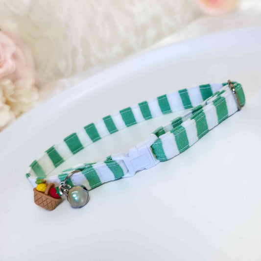 mint striped cat collar with green stripes and breakaway buckle