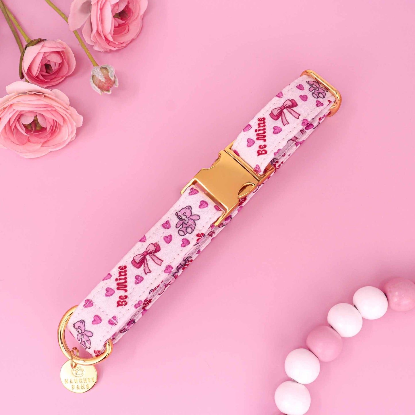 My Valentine pink dog collar with hearts, teddy bears, be mine, pattern and gold hardware
