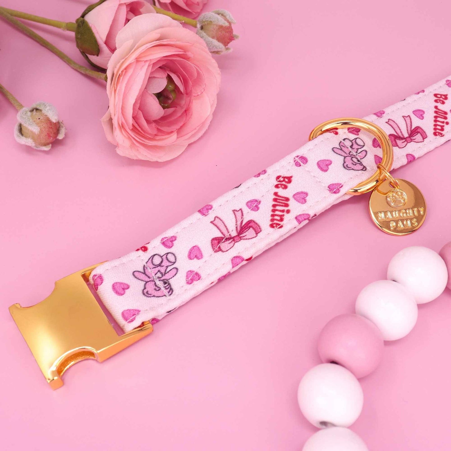 My Valentine pink dog collar with teddy bears hearts bows and Be Mine phrase
