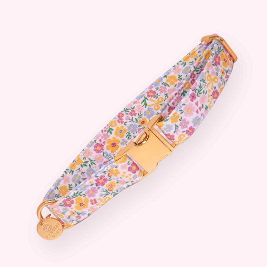 pastel floral dog collar with buttercup flowers and gold hardware