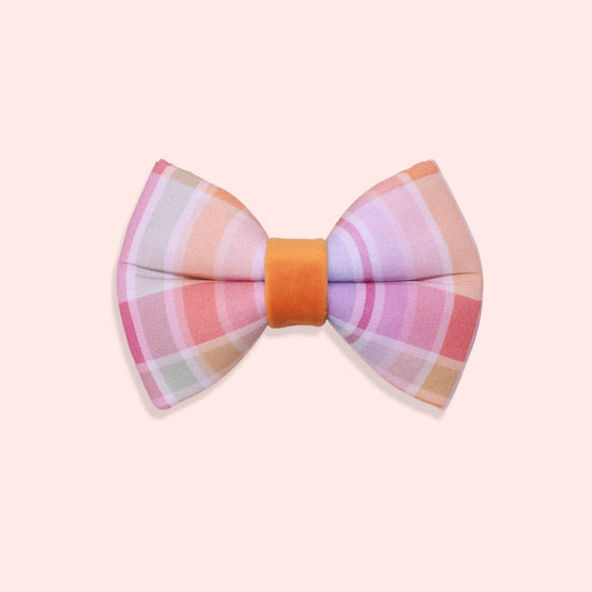Pastel plaid dog bow tie with pink, peach, and lavender checkered pattern from the Summer Sunset collection