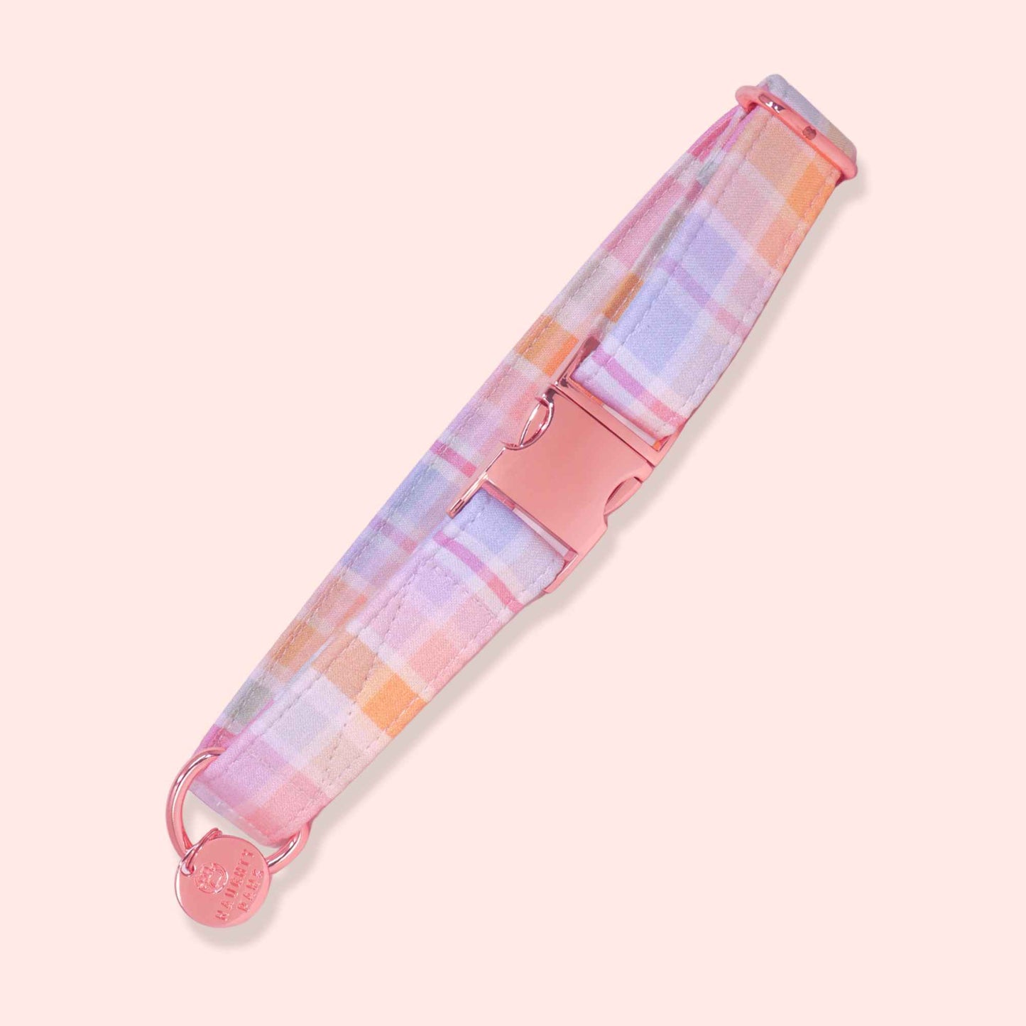 Pastel plaid dog collar with pink, peach, and lavender checkered pattern from the Summer Sunset collection