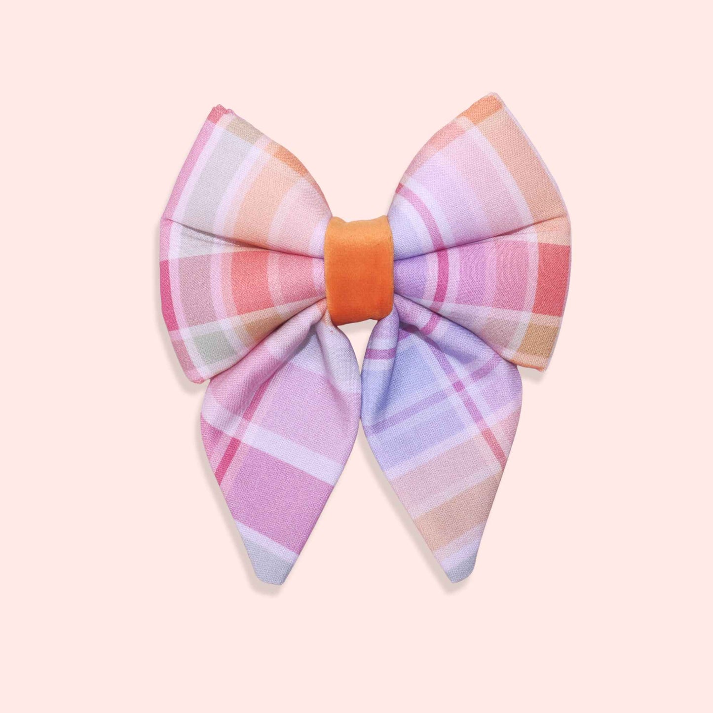 Pastel plaid sailor dog bow with pink, peach, and lavender checkered pattern from the Summer Sunset collection