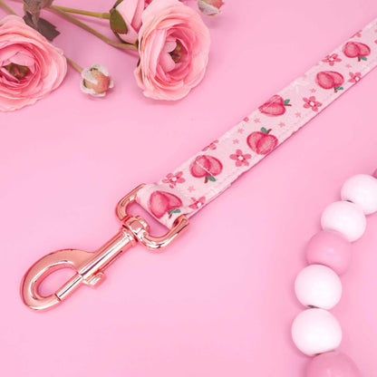 Handmade pink dog leash with peach print and metal hardware