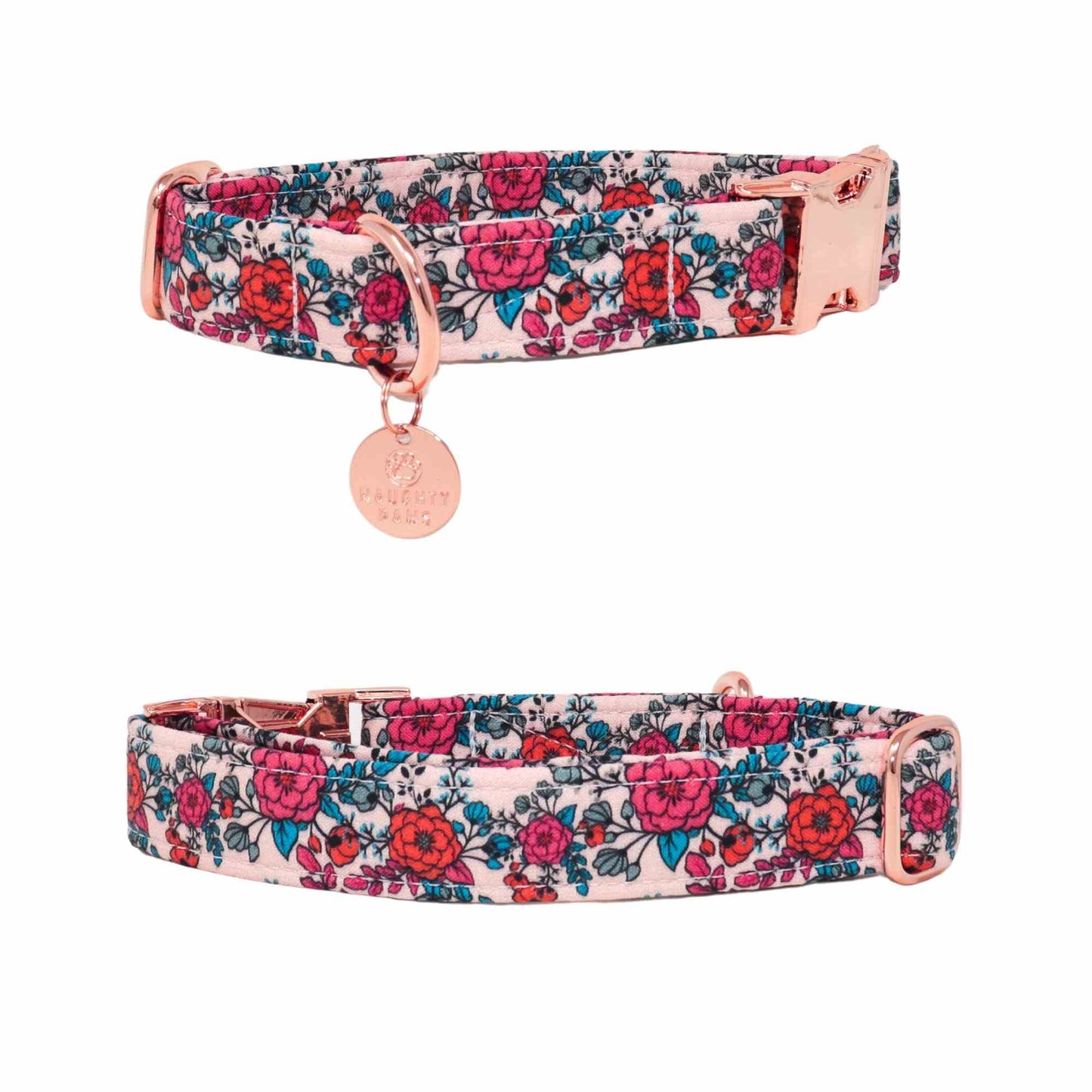 Handmade orange and hot pink floral summer dog collar - vibrant and stylish accessory for your furry friend to enjoy the sunny adventures together.
