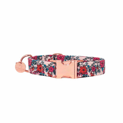 Handmade orange and hot pink floral summer dog collar - vibrant and stylish accessory for your furry friend to enjoy the sunny adventures together.