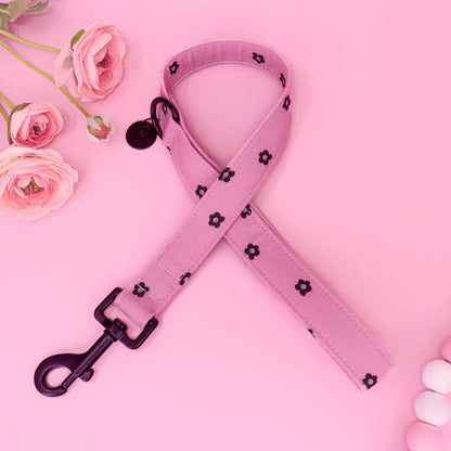 Blush Noir Bloom dog leash with pink fabric and black floral pattern
