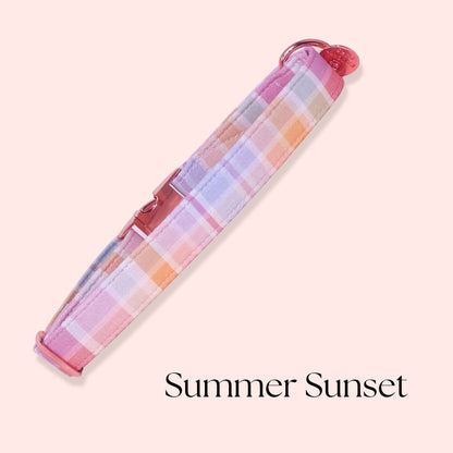Handmade pink checkered dog collar featuring pastel summer colors and premium hardware
