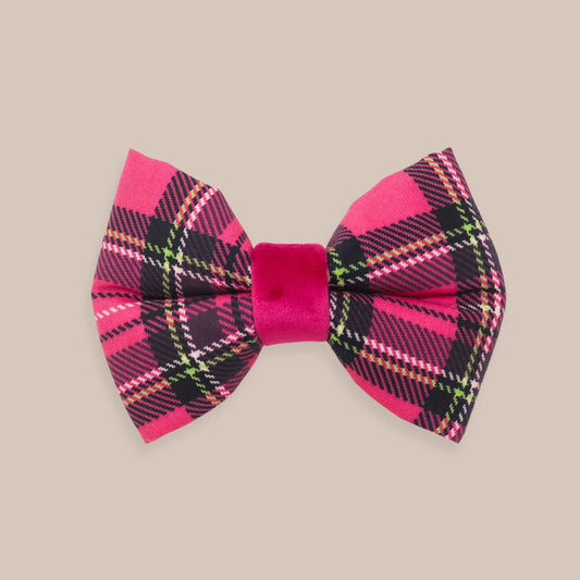 Pink Christmas plaid dog bow with velvet center handmade for dogs
