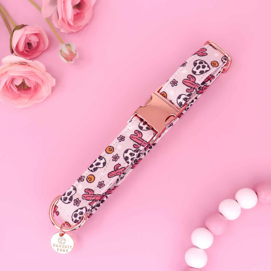 Pink cowgirl dog collar with western icons and girly aesthetic