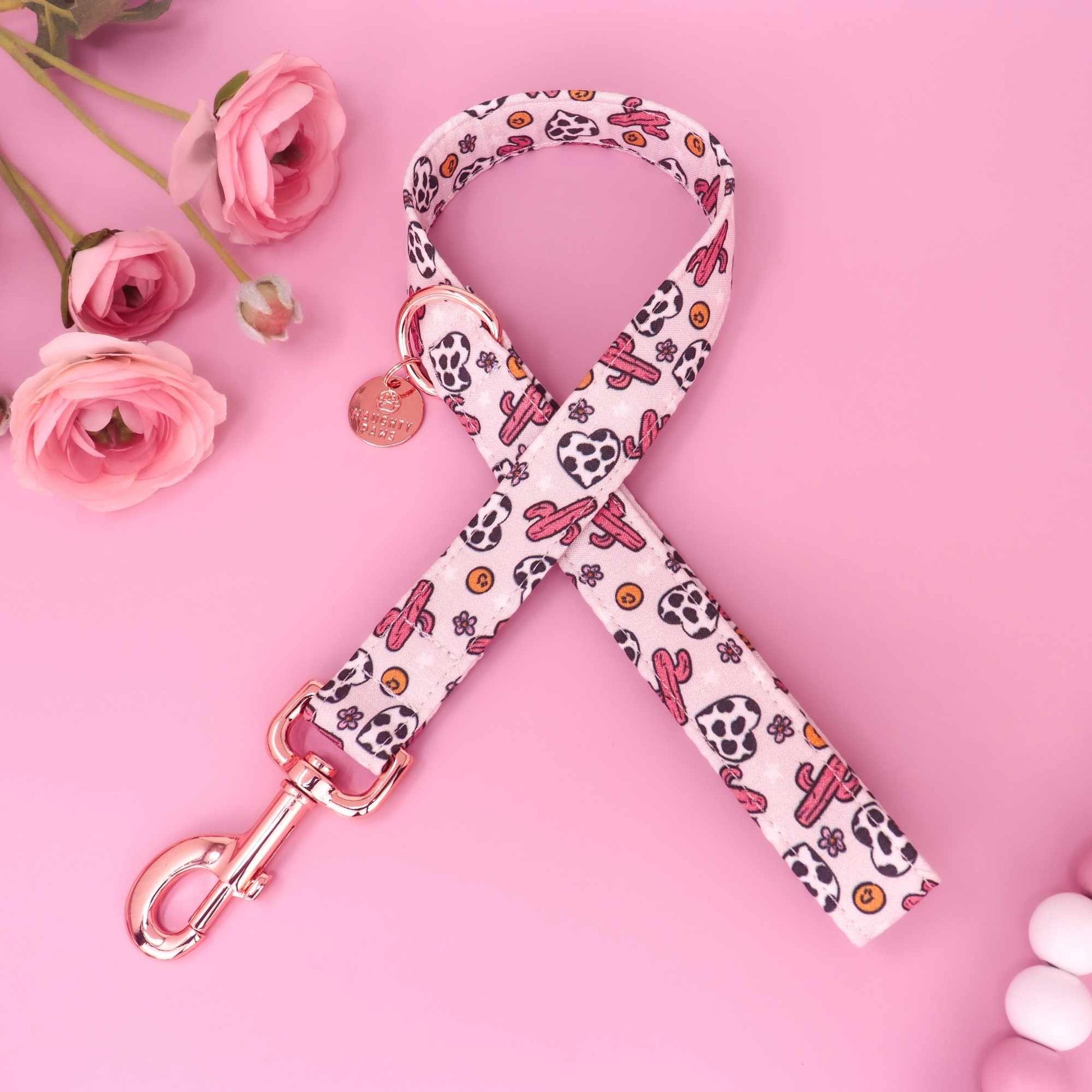 Pink cowgirl dog leash with western icons and girly style valentine style