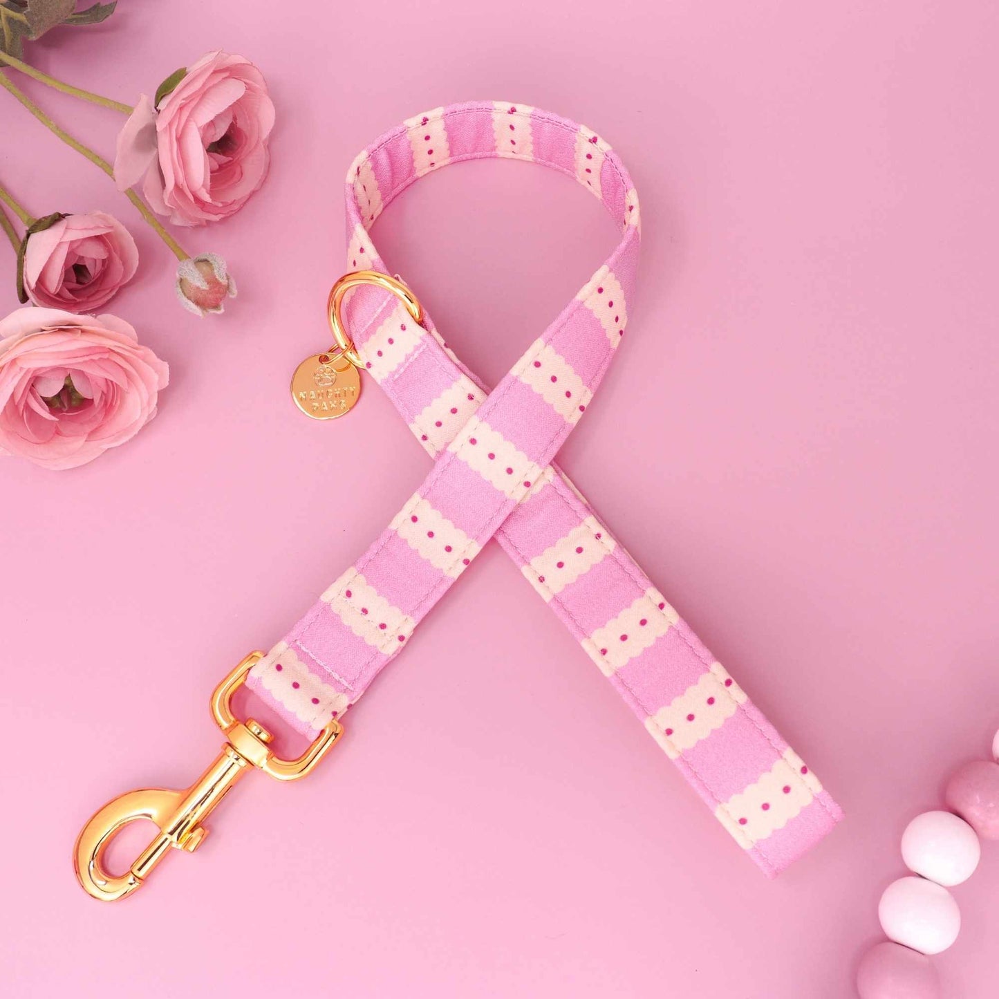 Trendy scalloped pink dog leash with gold hardware, Strawberry Frosting design