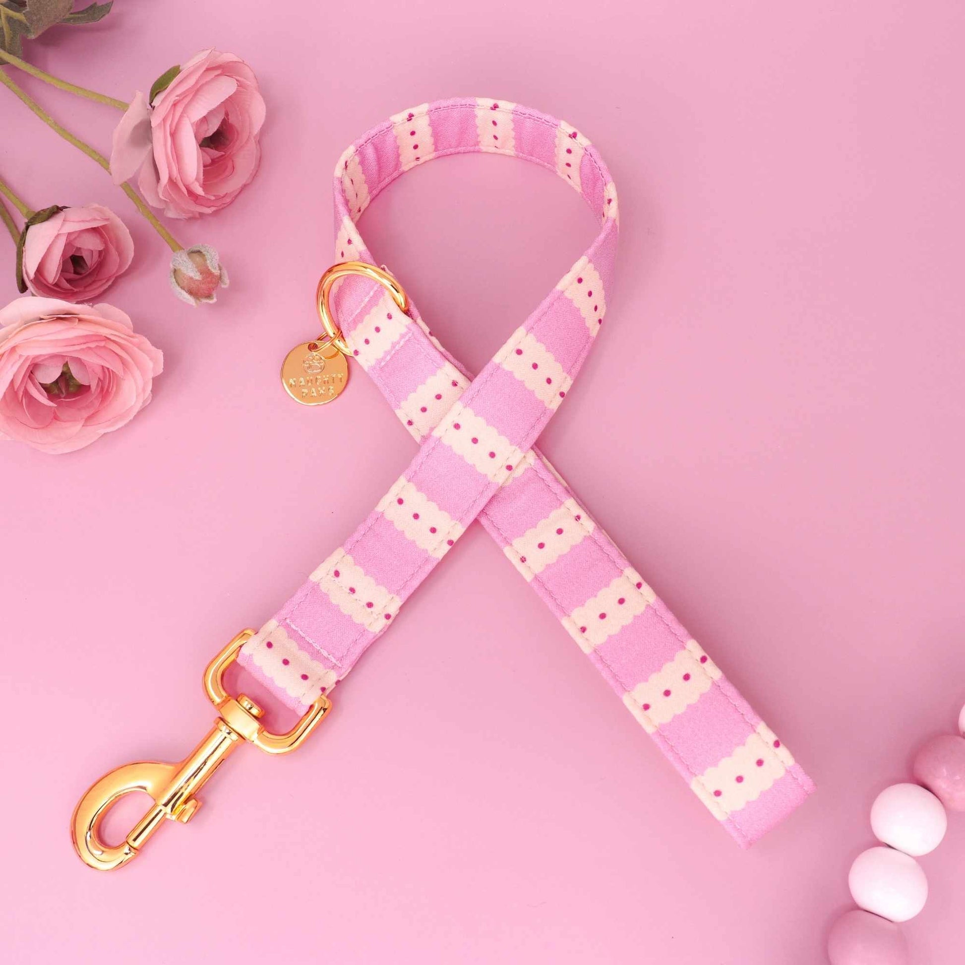 Trendy scalloped pink dog leash with gold hardware, Strawberry Frosting design