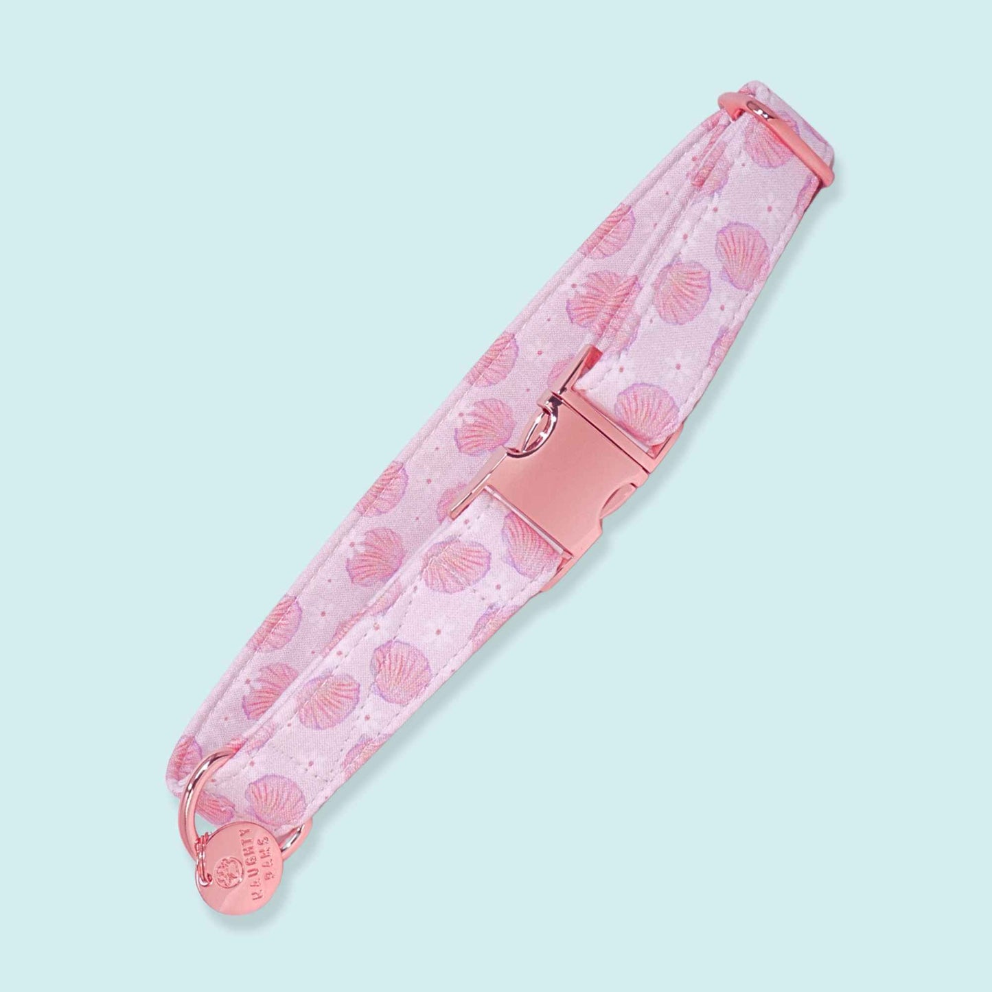 Pink seashell dog collar with rose gold hardware, coastal beach inspired handmade dog collar, Pearl Coast collection