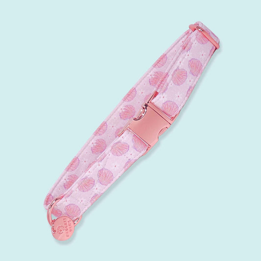 Pink seashell dog collar with rose gold hardware, coastal beach inspired handmade dog collar, Pearl Coast collection