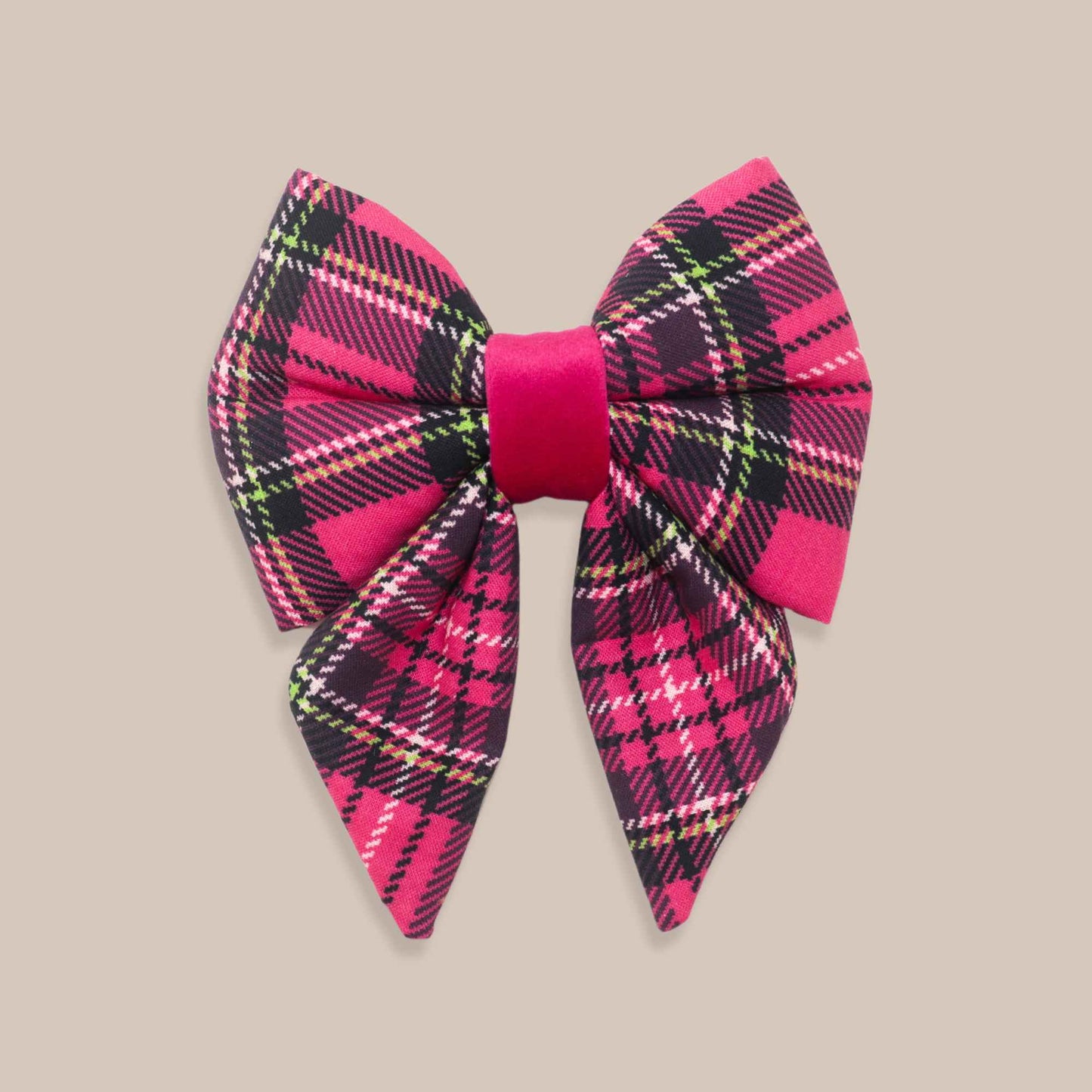 Handmade pink tartan sailor dog bow with velvet center attached to dog collar