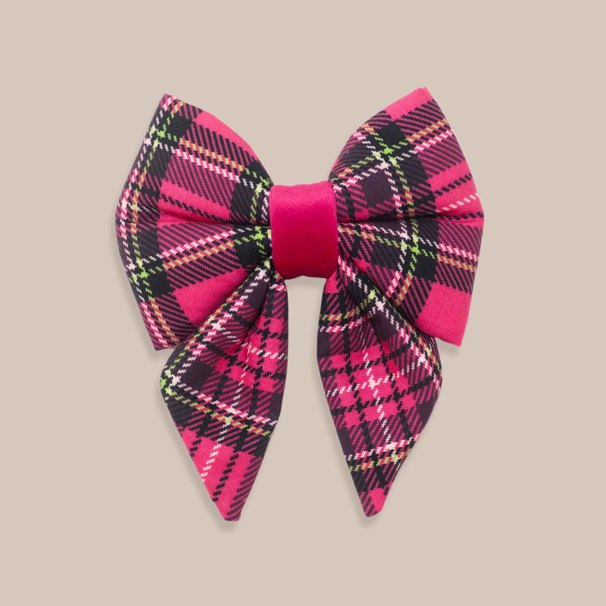 Handmade pink tartan sailor dog bow with velvet center attached to dog collar