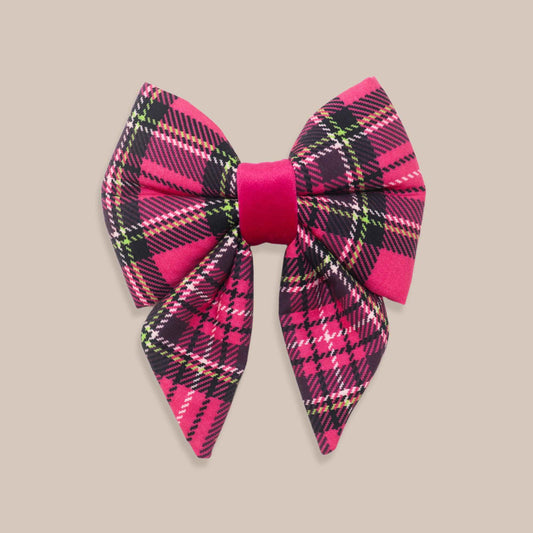 Handmade pink tartan sailor dog bow with velvet center attached to dog collar