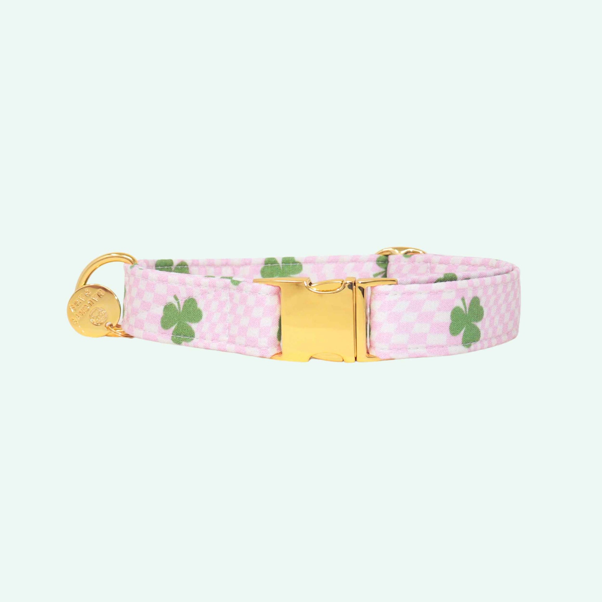 Pixie Clover dog collar featuring pink checkered fabric with green clover print, coquette spring dog accessory