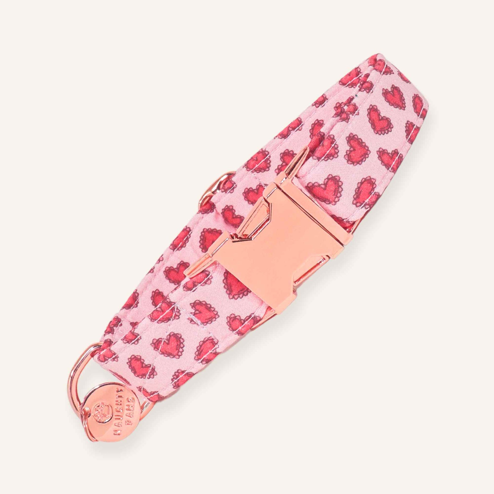 Pink Lace Hearts Dog Collar with Rose Gold Hardware, Valentine’s Day Flat Collar for Dogs

