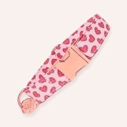 Pink Lace Hearts Dog Collar with Rose Gold Hardware, Valentine’s Day Flat Collar for Dogs

