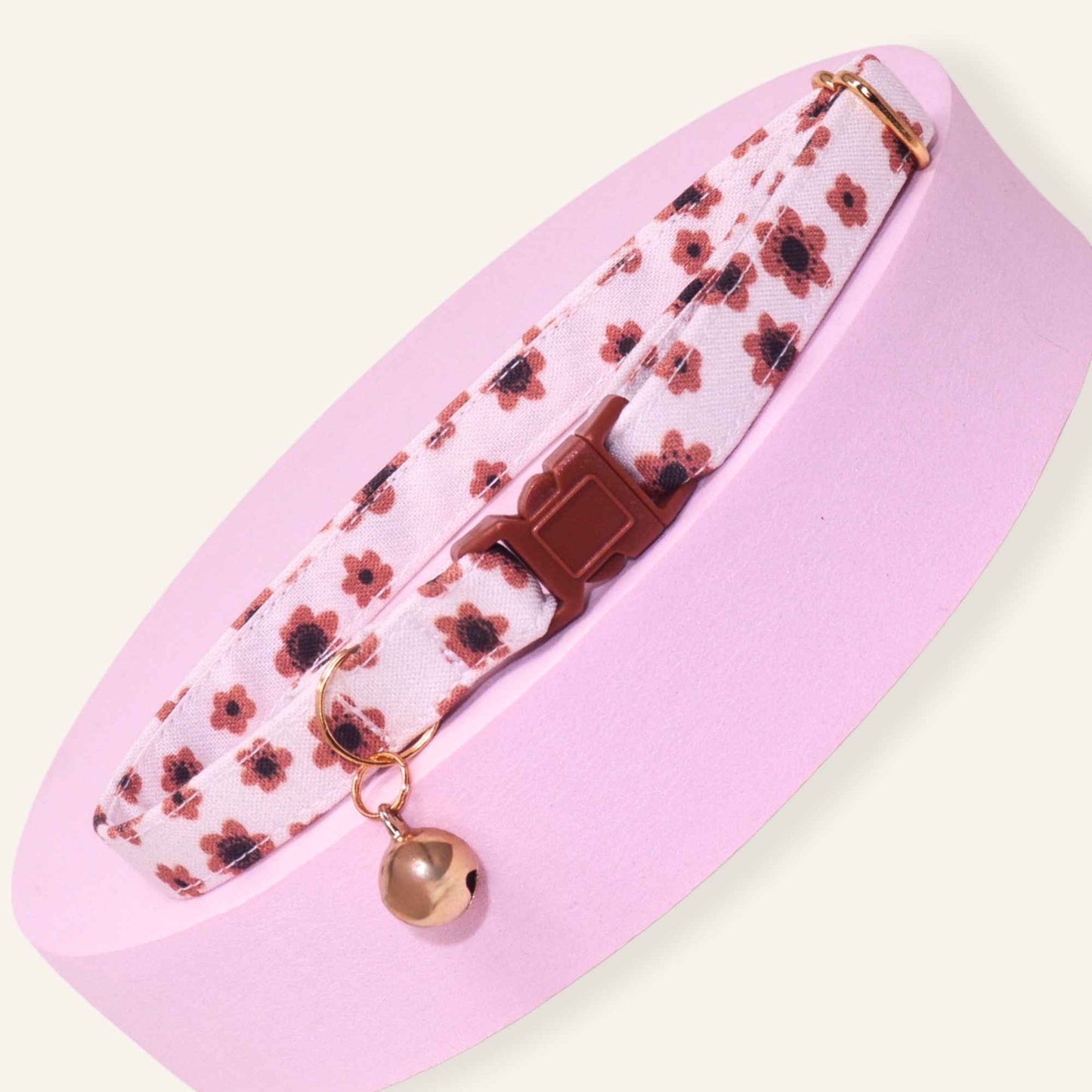Floral breakaway cat collar with bell, adjustable handmade safety collar in neutral floral print.