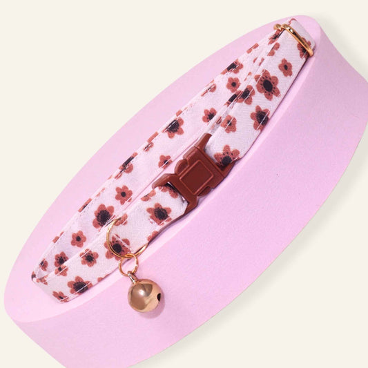 Floral breakaway cat collar with bell, adjustable handmade safety collar in neutral floral print.
