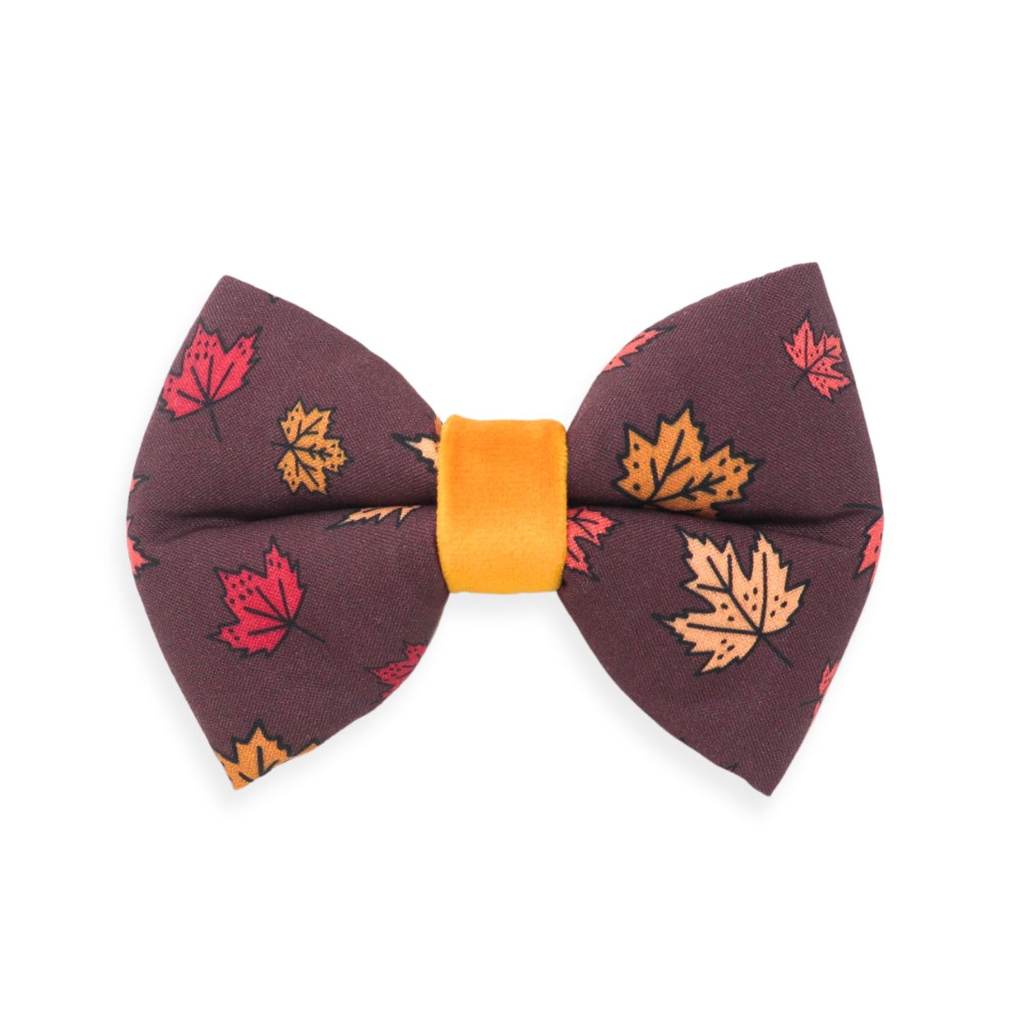 Falling Leaves autumn dog bow tie with red, orange and yellow maple leaves on brown fabric and orange velvet center
