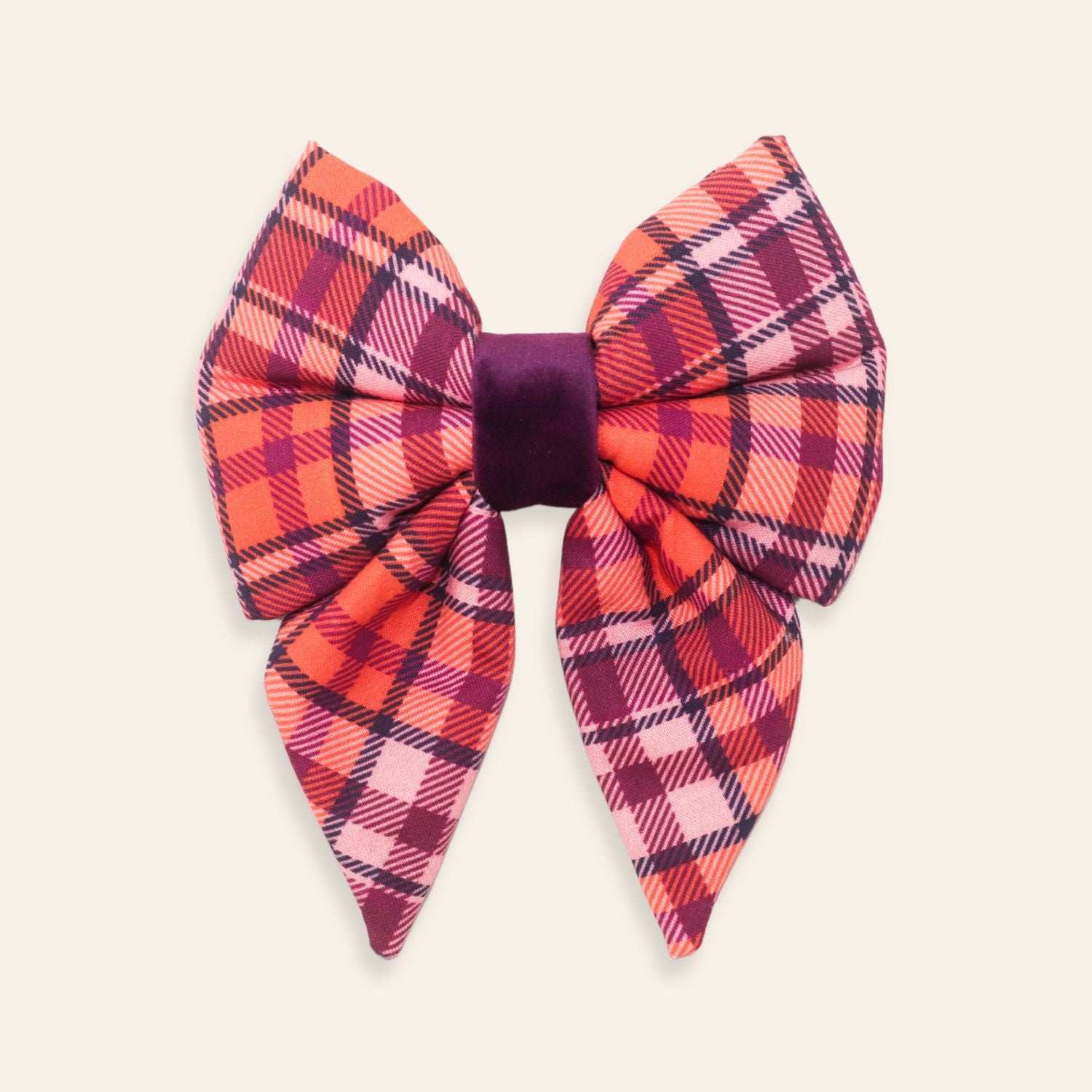 Autumn Highland orange plaid dog sailor bow with pink and burgundy tones and a deep purple velvet center