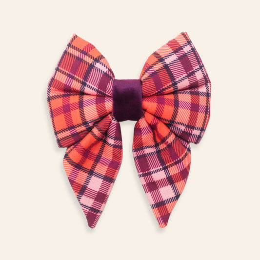Autumn Highland orange plaid dog sailor bow with pink and burgundy tones and a deep purple velvet center